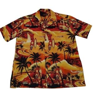 Aloha Mo'i Mens‎ XL Hawaiian Shirt Orange Sunset Woodie Car Surfboard Cotton USA